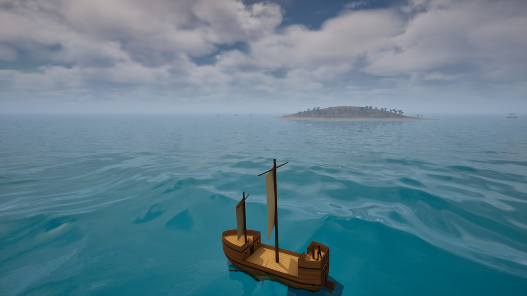 A two-masted ship with fore and stern castles sailing toward an island