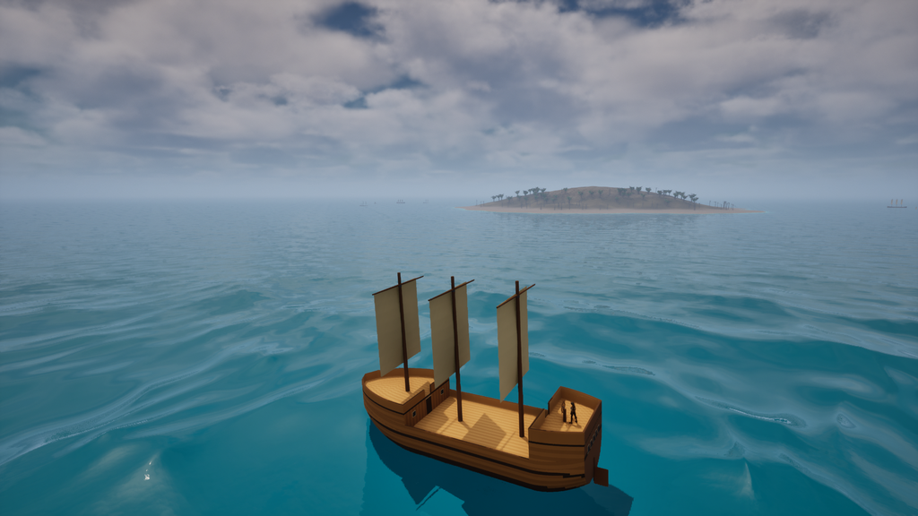 A three-masted ship on turquoise water, an island on the horizon