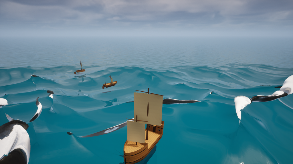 A small ship riding steep storm waves with other boats nearby